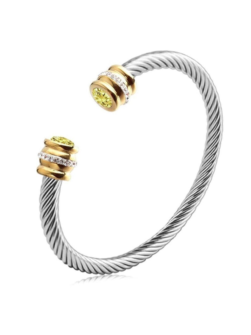 18K Gold Plated Dual Tone Stainless Steel Cable Twist Bangle, Simulated Citrine